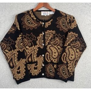 Tally Ho Paisley Knit Cardigan Sweater Womens M Vintage Nordic Boho 90s